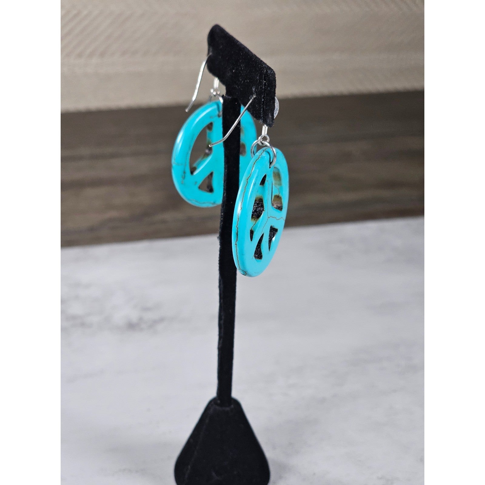 Vintage Turquoise Peace Sign Dangle Earrings Boho Hippie Style