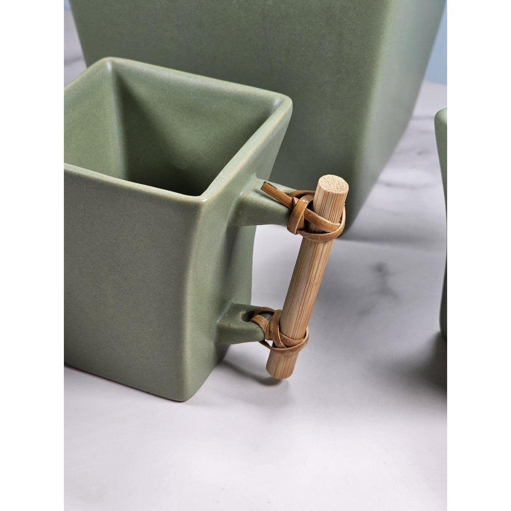 Joyce Chen Ceramic Flared 28oz Teapot & 4 Square Teacups Set Bamboo Handle