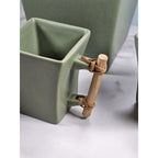 Joyce Chen Ceramic Flared 28oz Teapot & 4 Square Teacups Set Bamboo Handle