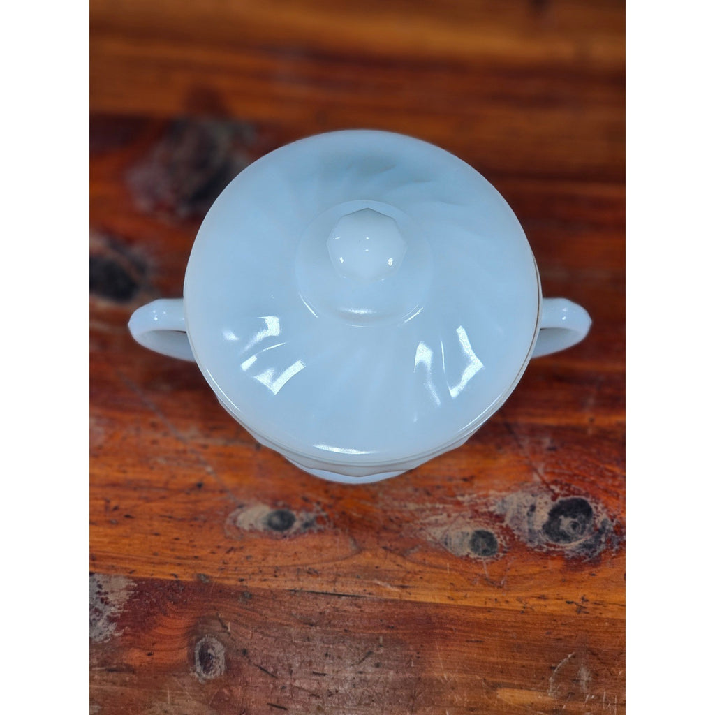 Vintage Milk Glass Sugar Bowl with Lid Gold Trim Fluted Handles