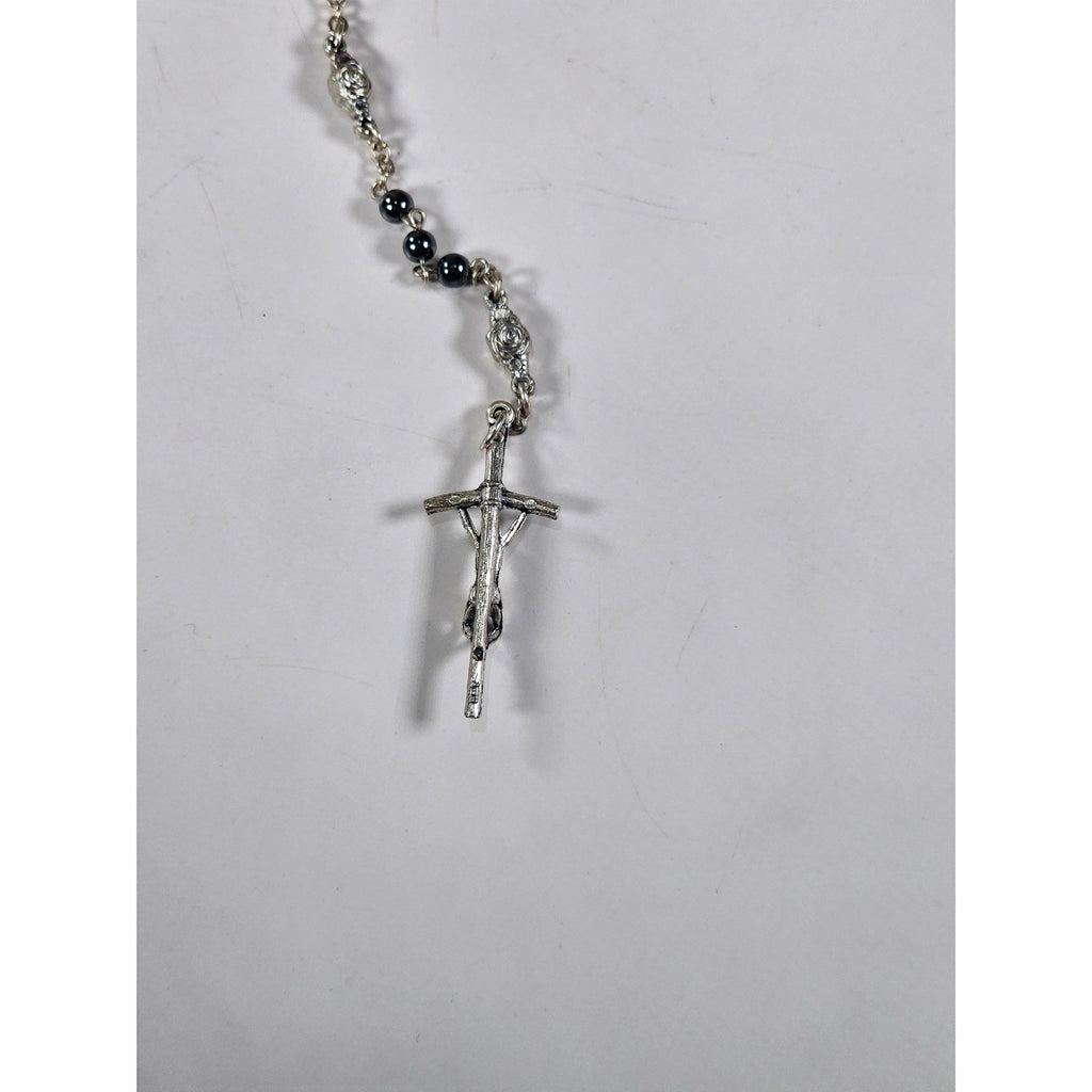 Vintage Black Bead Rosary Necklace Silver Tone Crucifix Catholic