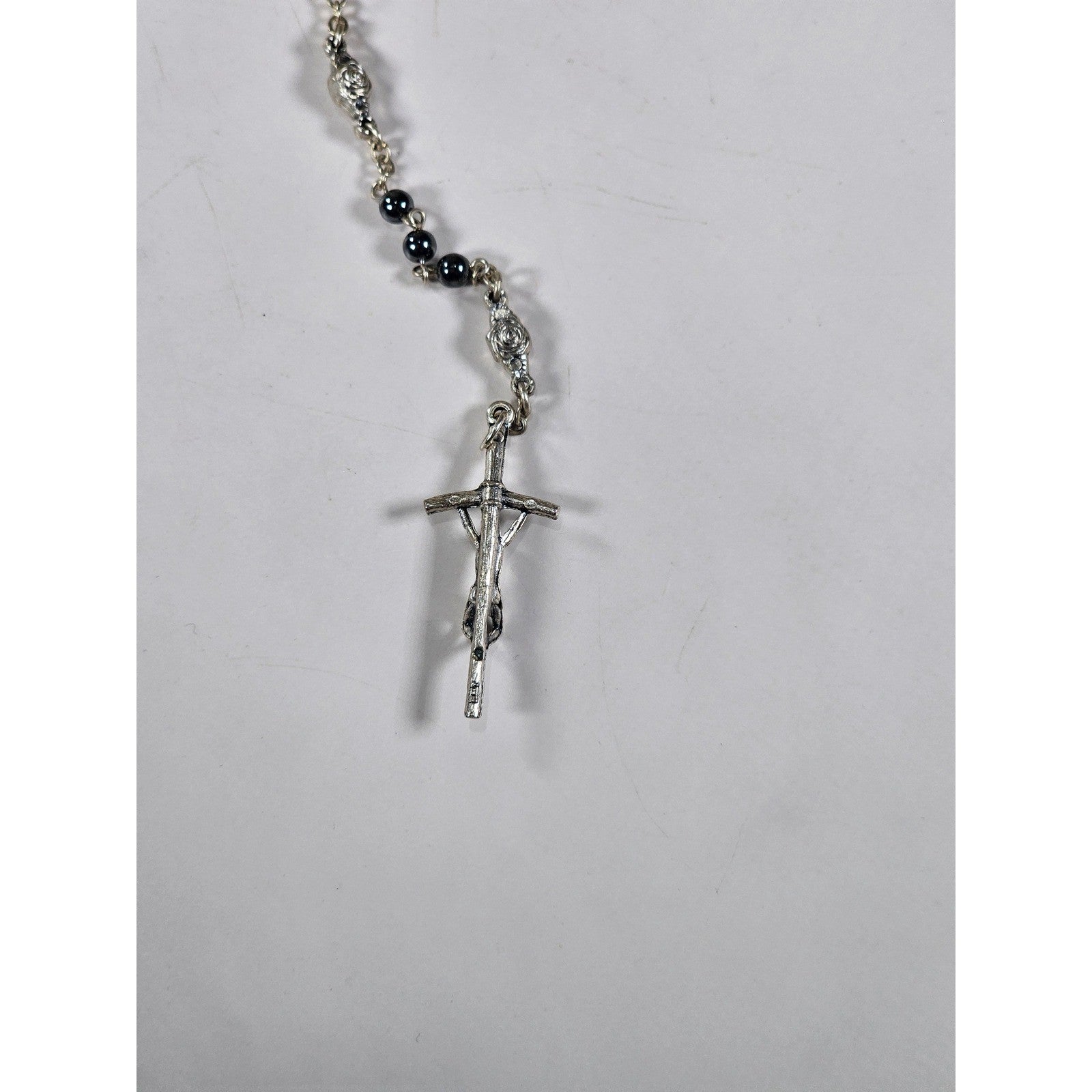 Vintage Black Bead Rosary Necklace Silver Tone Crucifix Catholic