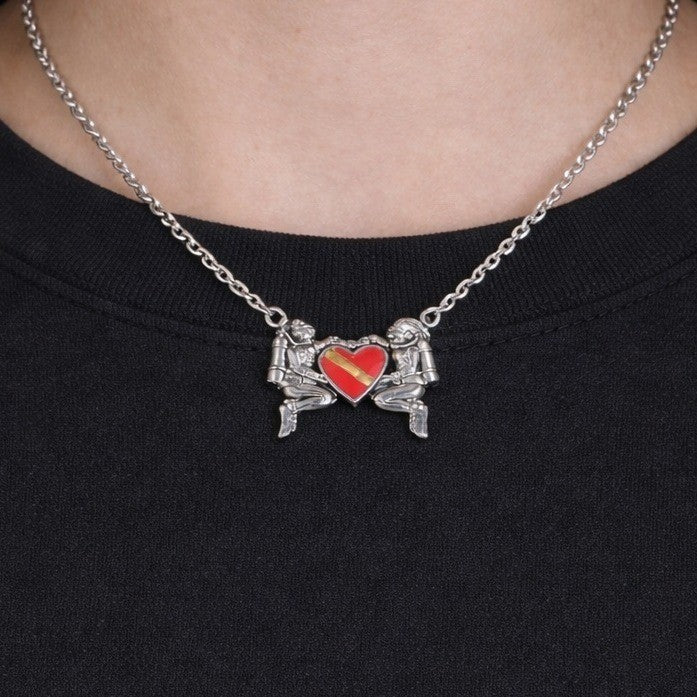 Vintage Sterling Silver Diver Heart Necklace Red Enamel Pendant