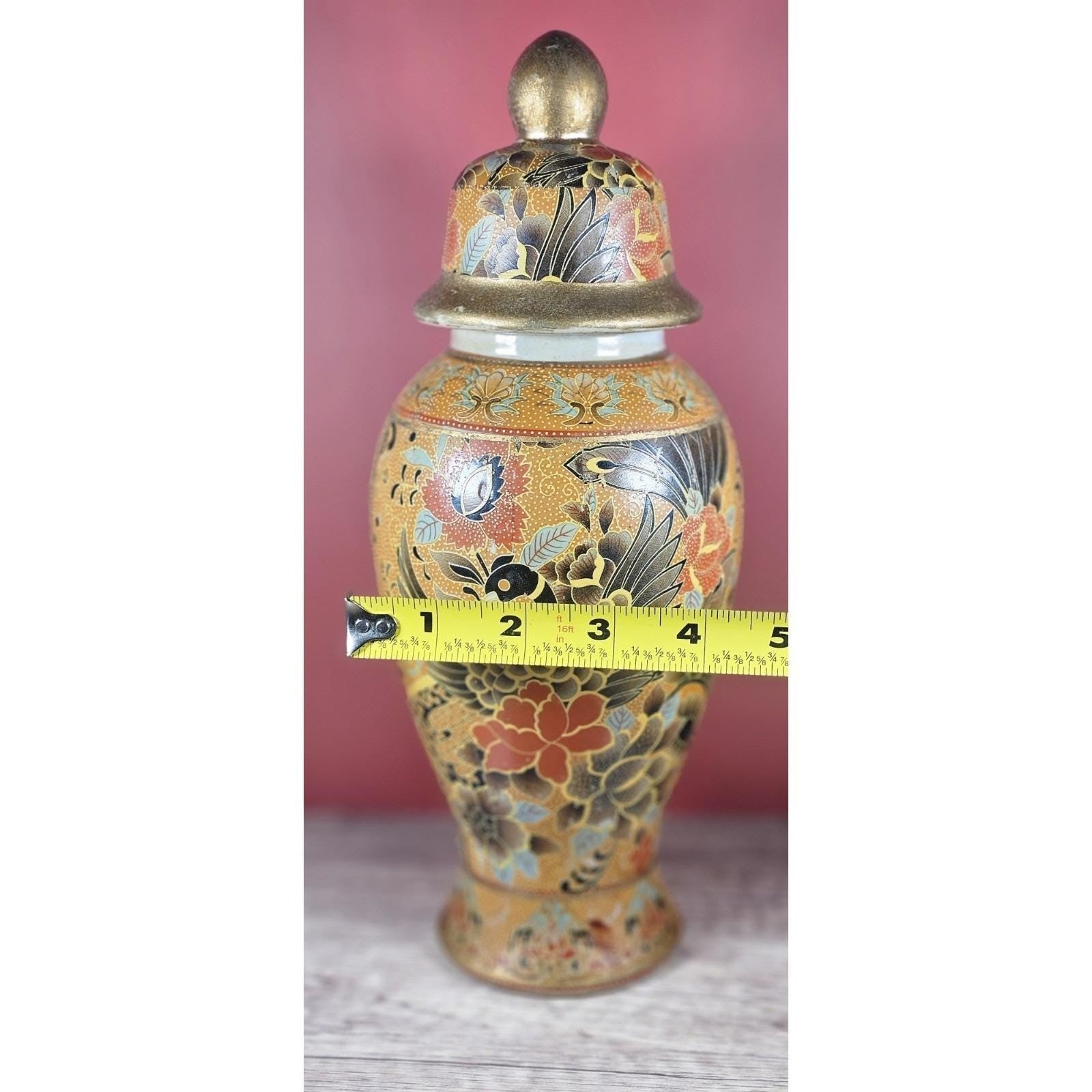 Vintage 12" Chinese Enameled Pottery Vase With Lid & Feng Huang Bird Design