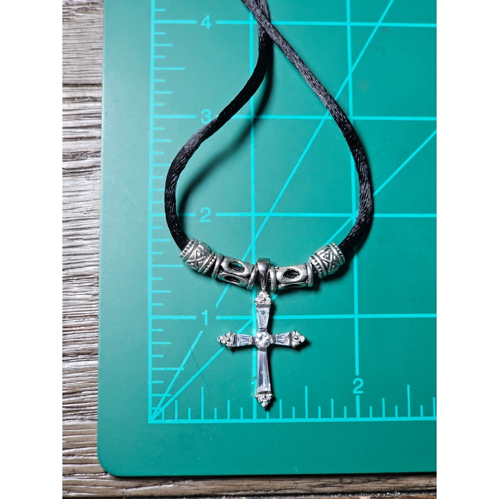 Vintage Silver Tone Cross Necklace Black Cord Beaded Accent