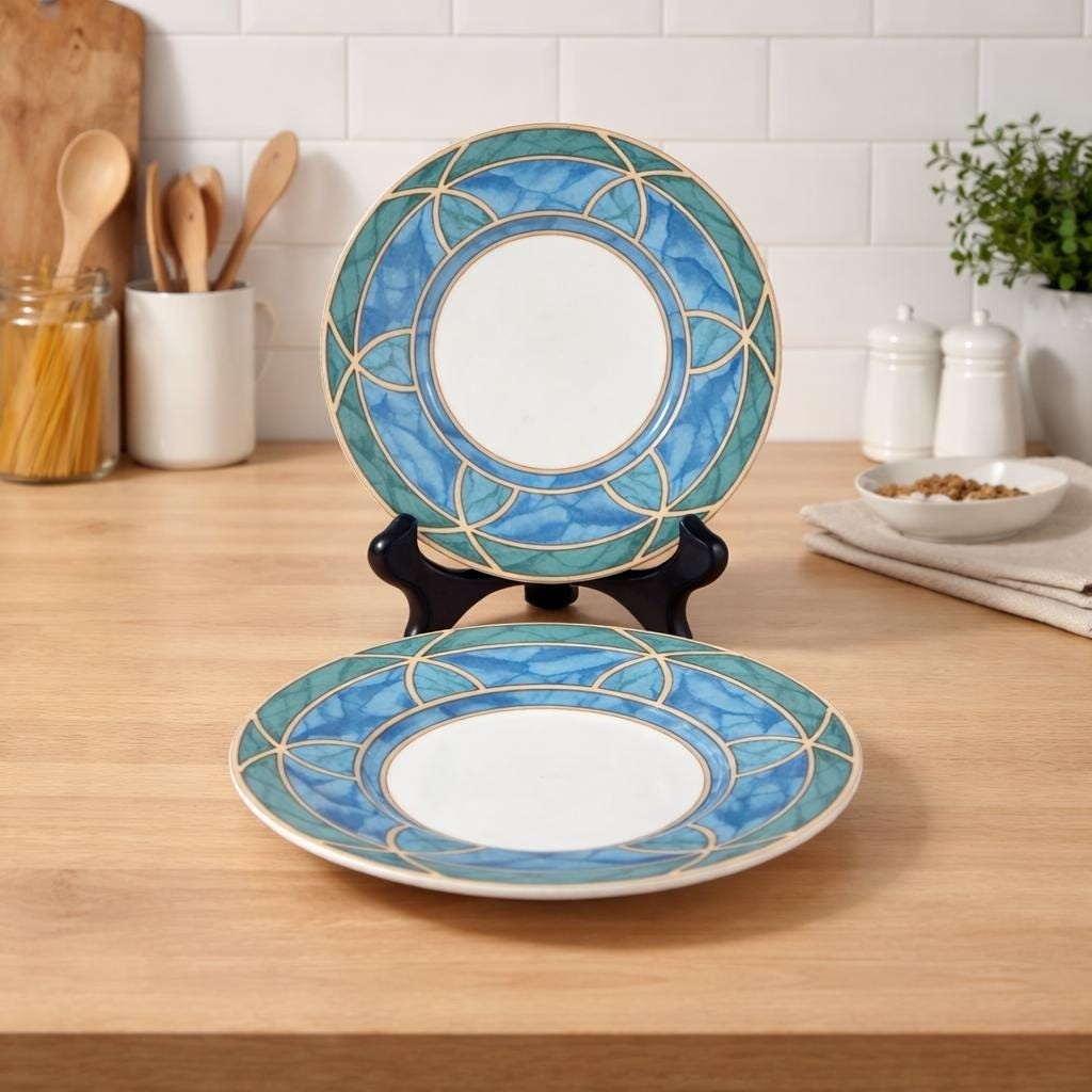 Vintage Stoneware Plates Blue Green Geometric Dessert Plates