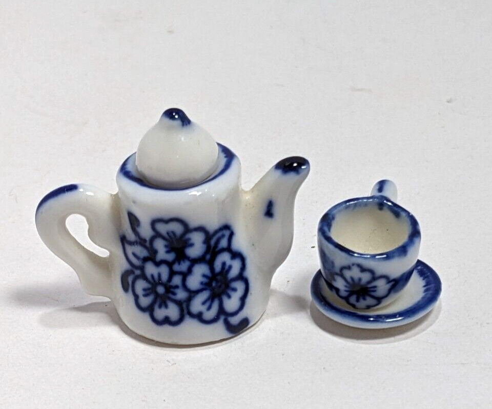 Dollhouse Tea Set with Blue White Floral Ceramic 1:12 Scale Miniature