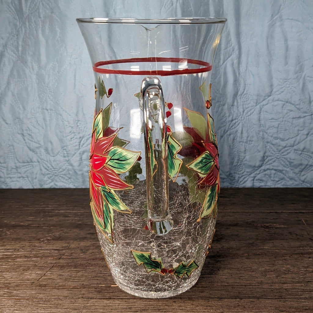 Vintage Poinsettia Glass Pitcher 72 oz Hand Painted Crackle Glass