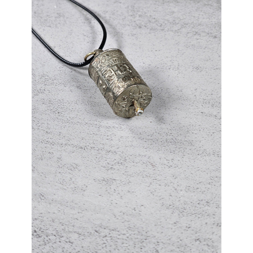 Vintage Asian Prayer Wheel Pendant Necklace Cylinder Scroll Charm