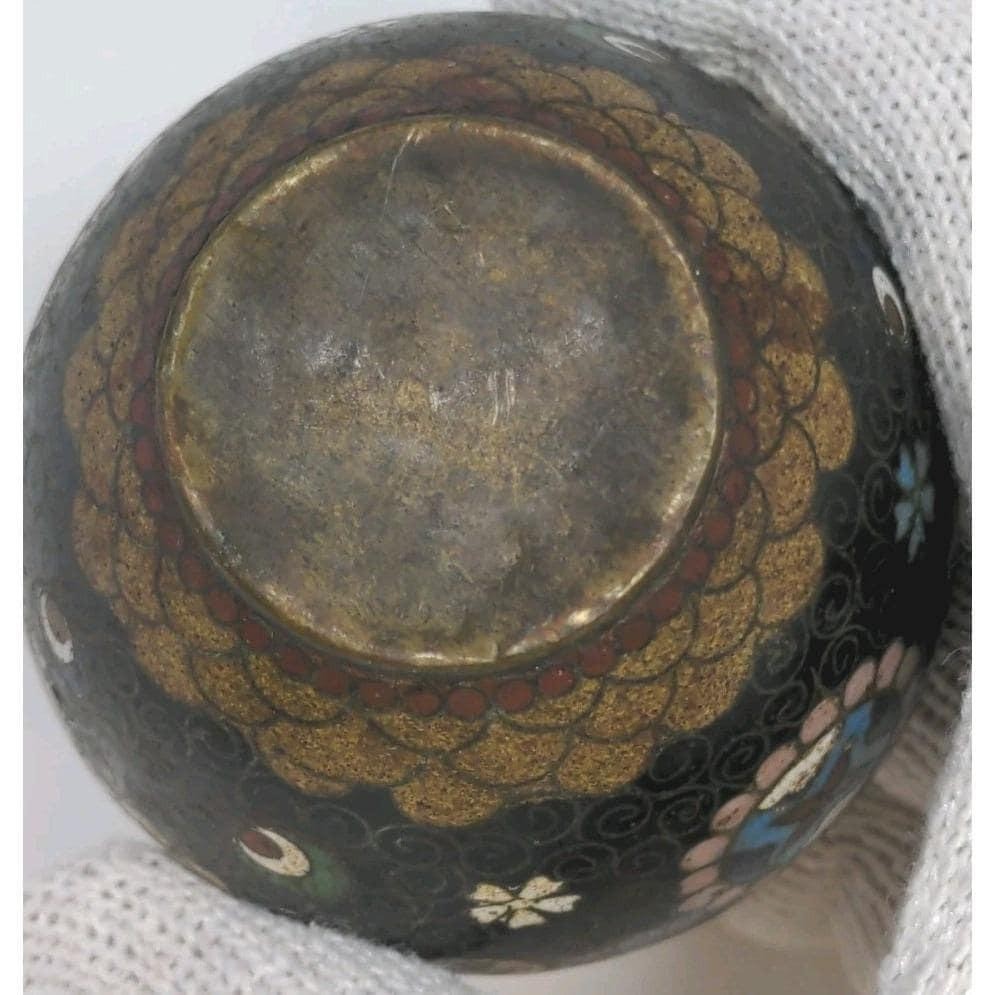 Vintage Cloisonne Mini Vase Black Floral Enamel 2.5" Collectible