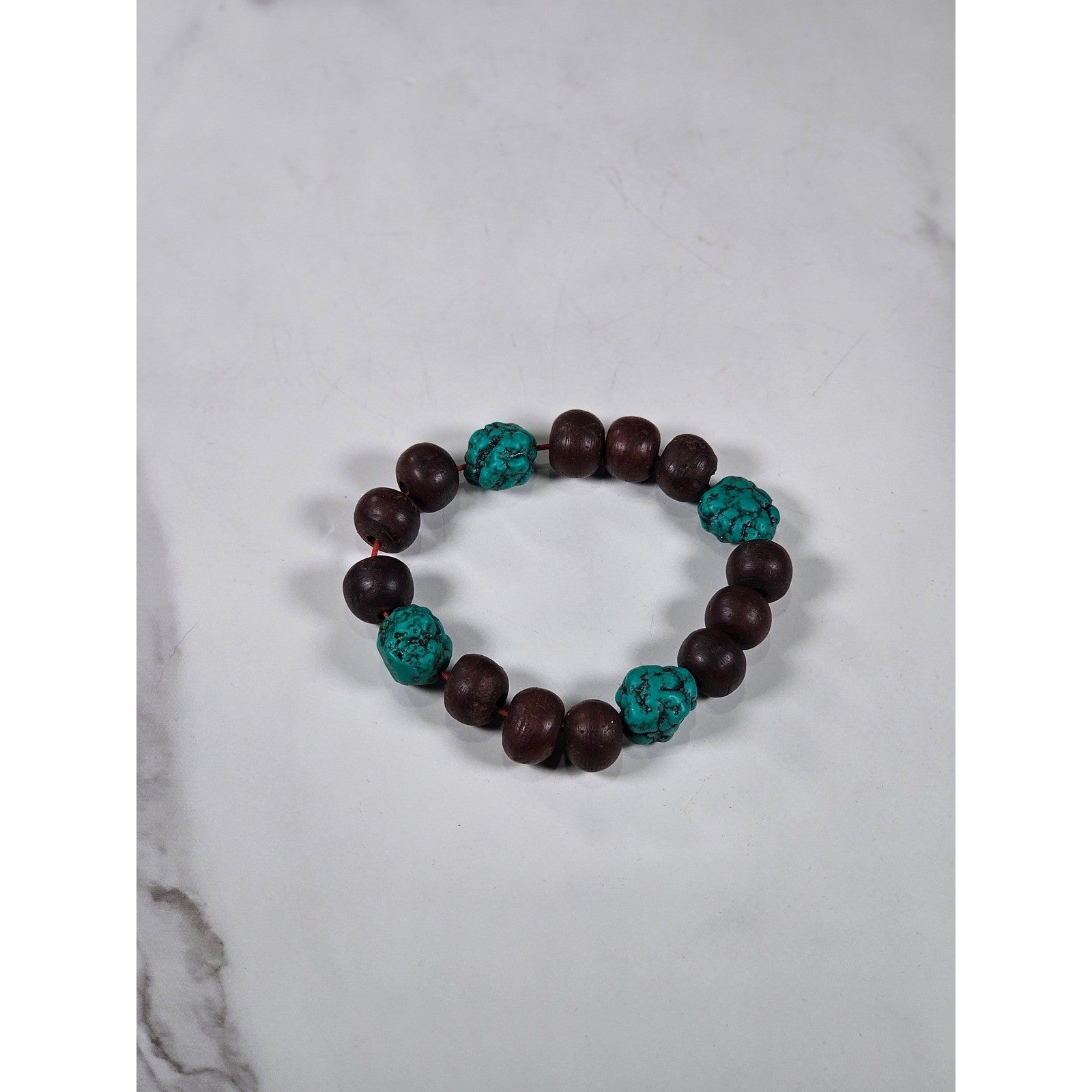 Vintage Wood & Turquoise Bead Stretch Bracelet Rustic Boho