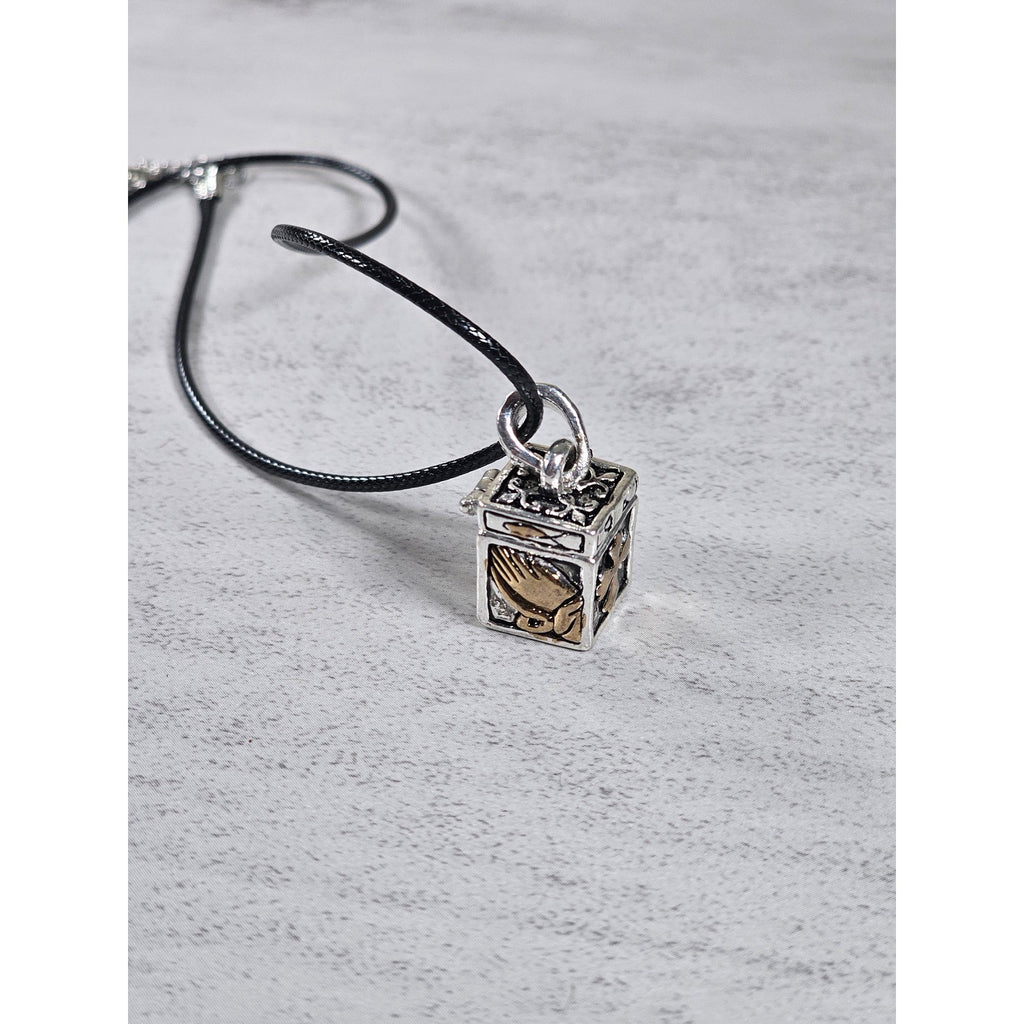 Vintage Religious Cube Pendant Necklace Cross & Praying Hands