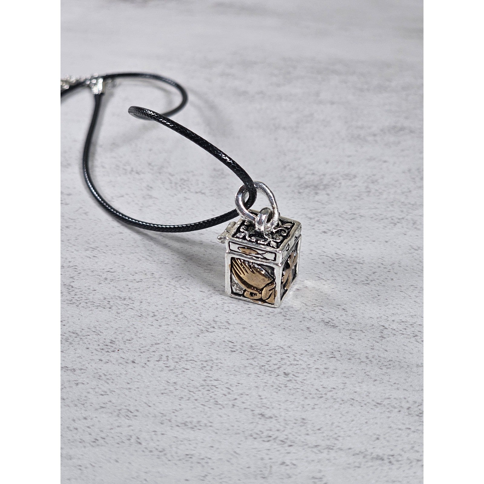 Vintage Religious Cube Pendant Necklace Cross & Praying Hands