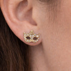 Vintage Gold Tone Mask Stud Earrings Mardi Gras Rhinestone