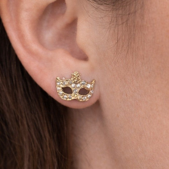Vintage Gold Tone Mask Stud Earrings Mardi Gras Rhinestone