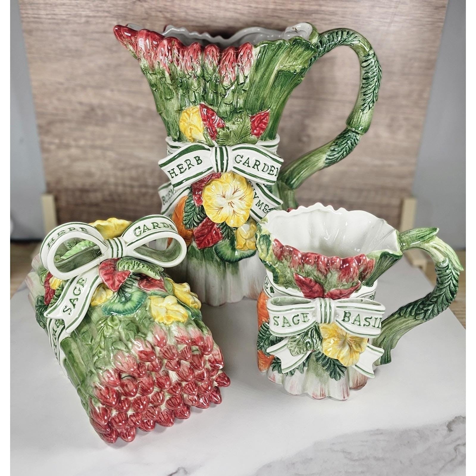 Vintage Fitz & Floyd Herb Garden Figural Asparagus Pitcher Mug  Lidded Box