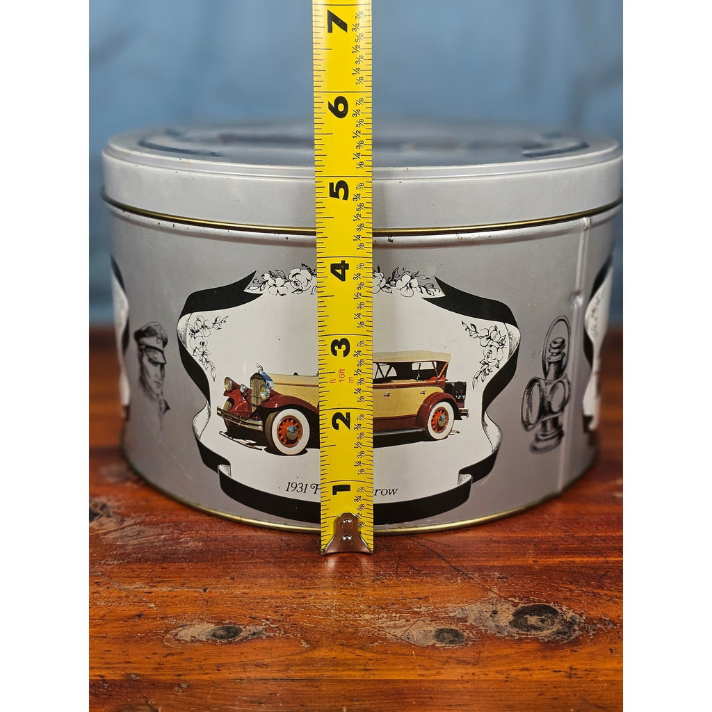 Vintage Classic Car Cookie Tin Empty Round Metal Motorcars from the Classic Era