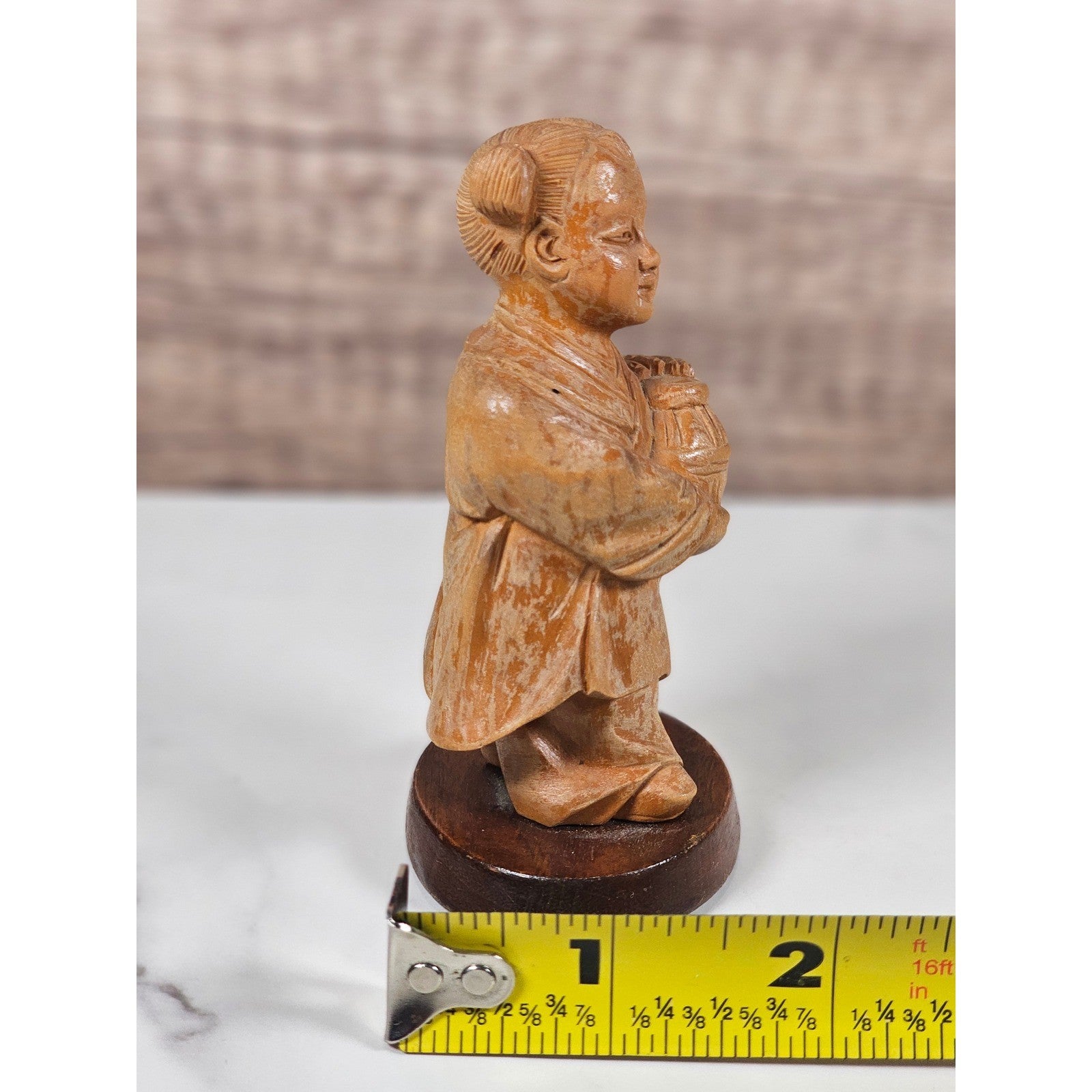 Vintage Asian Child Figurine Statue on Wood Base Aged Decorative Sculpture