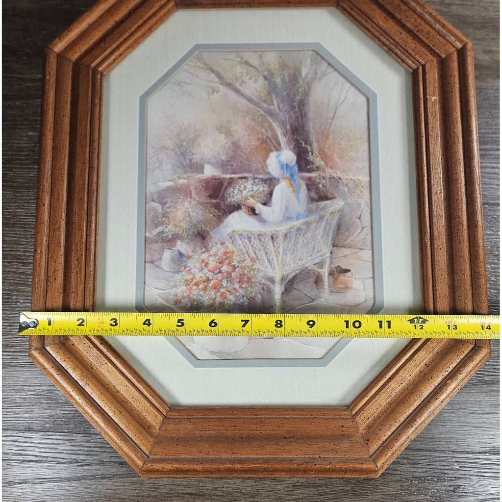 Vintage Framed Pastoral Art Print Octagon Wood Frame Cottage Garden Scene