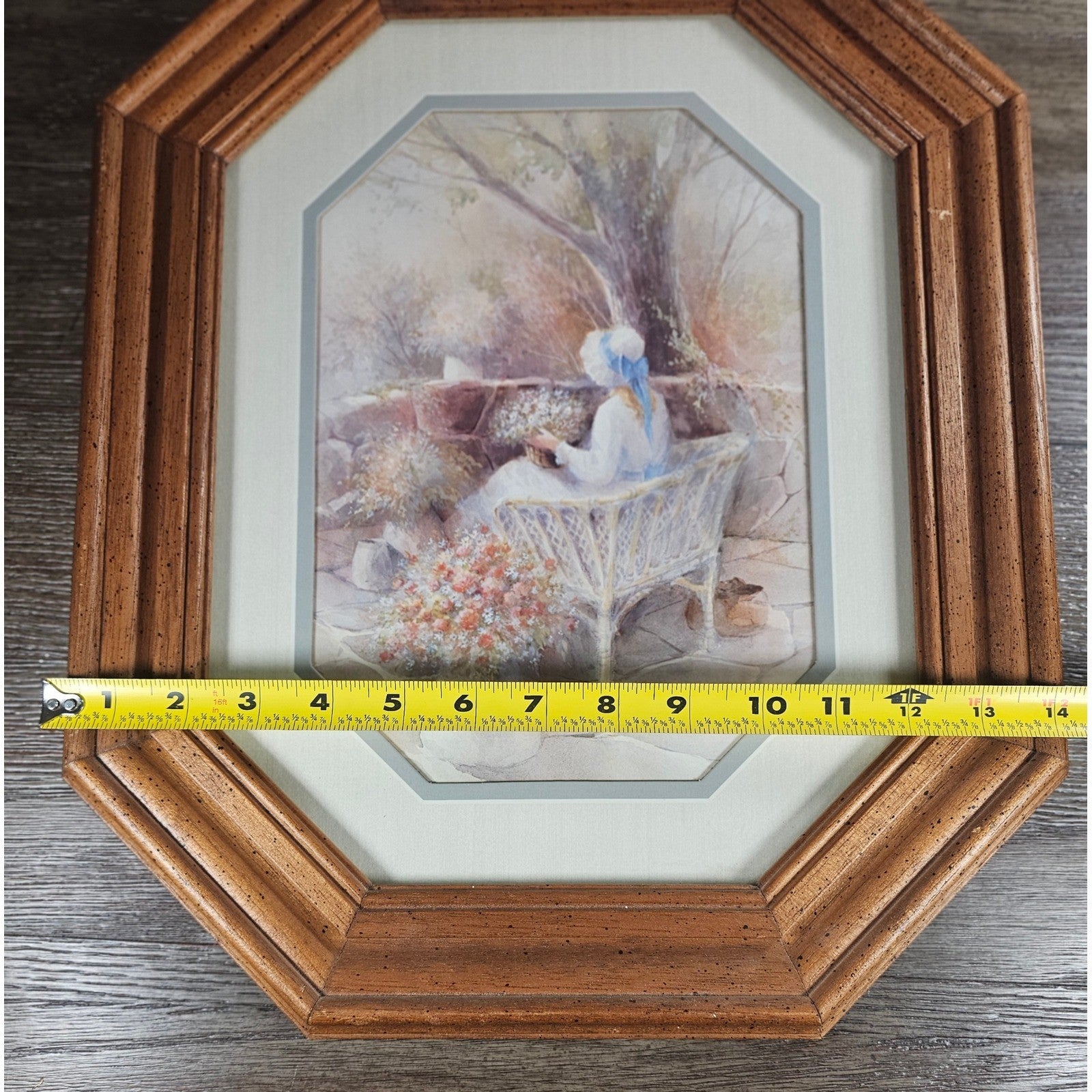 Vintage Framed Pastoral Art Print Octagon Wood Frame Cottage Garden Scene