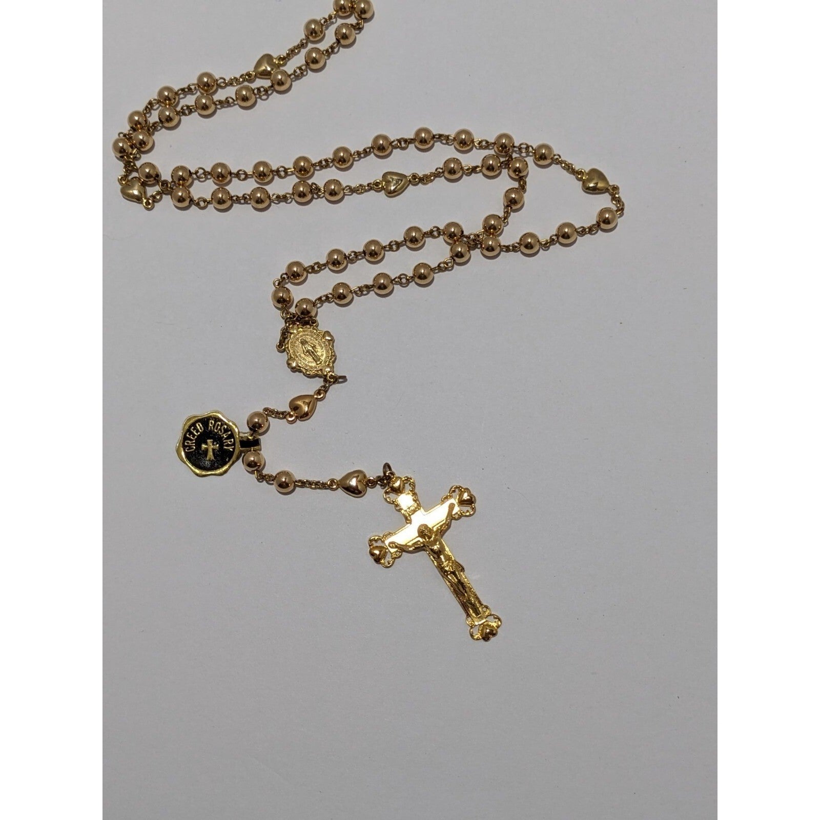 22kt Gold Cross Center Over Silver Rosary Necklace Miraculous Medal Religious