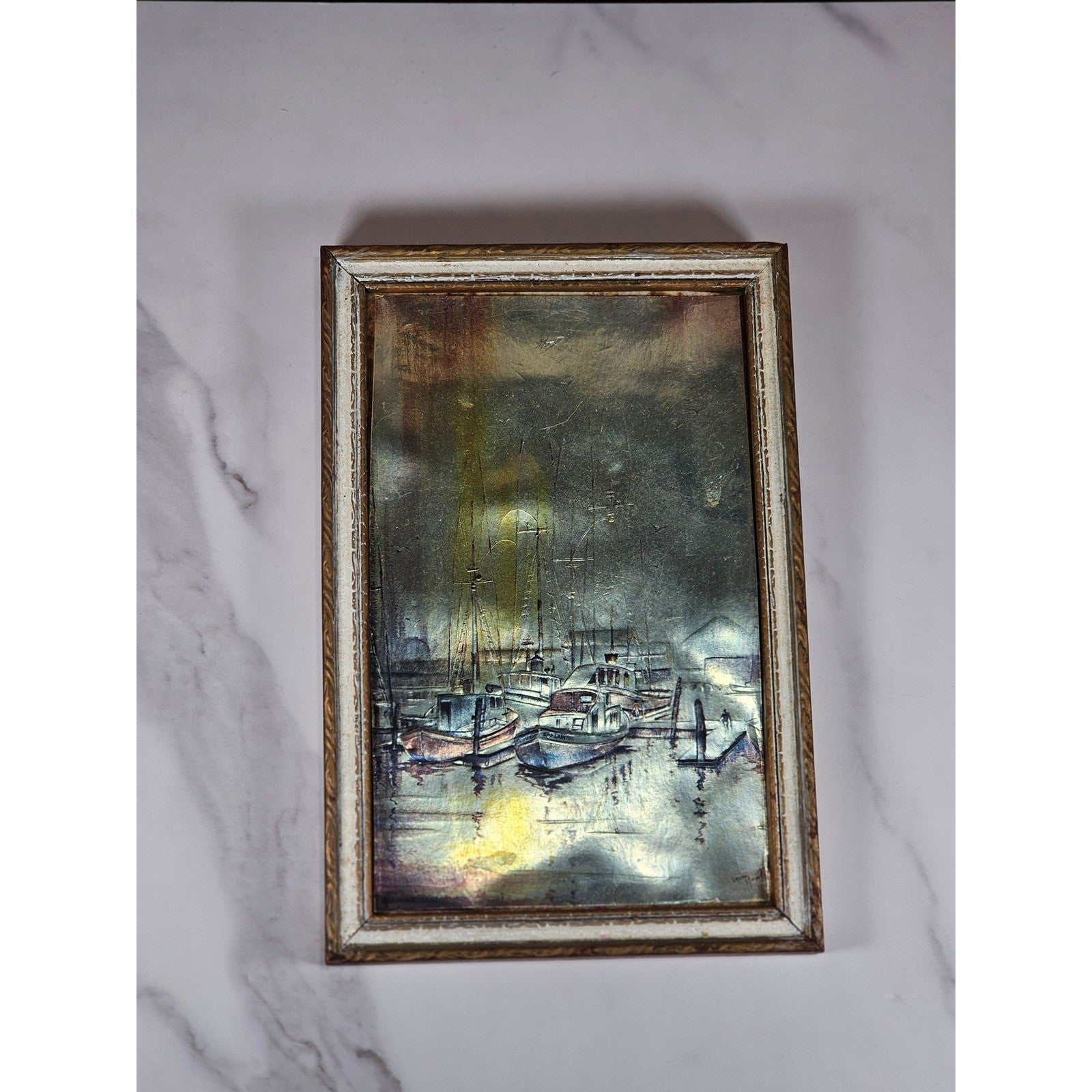 Vintage Framed Harbor Artwork – 9"x6" – Aged Patina – Nautical Wall Decor
