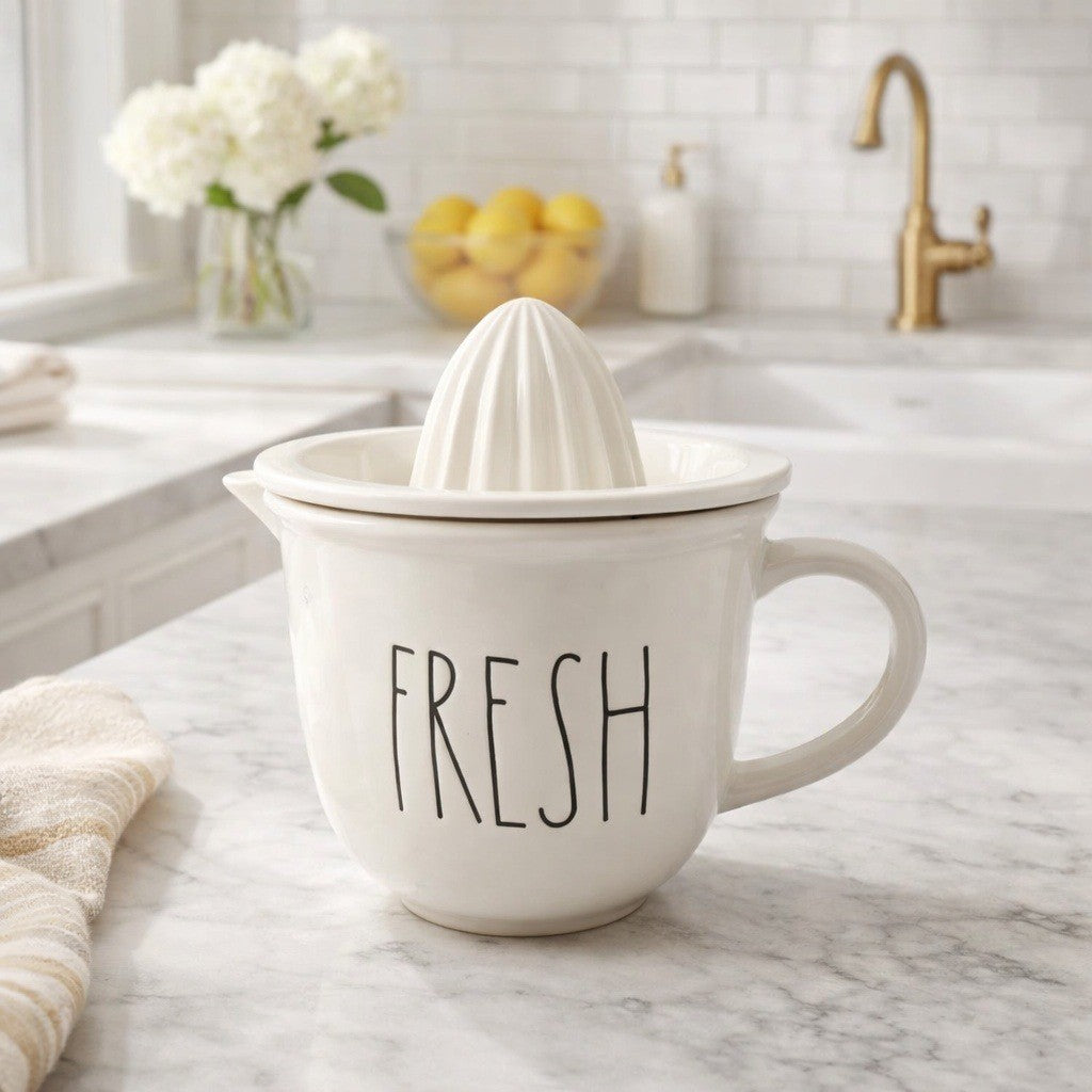 Rae Dunn FRESH Citrus Juicer Pitcher White Ceramic Farmhouse Kitchen