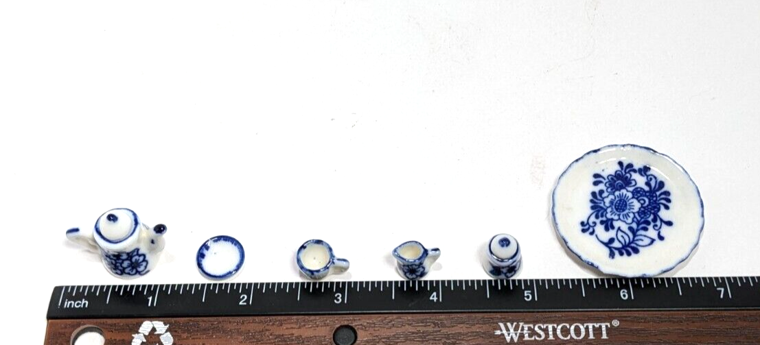 Dollhouse Tea Set with Blue White Floral Ceramic 1:12 Scale Miniature