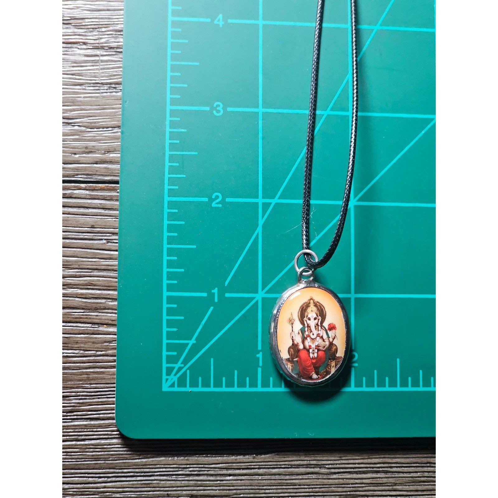 Vintage Ganesha Pendant Necklace Black Cord Oval Cabochon