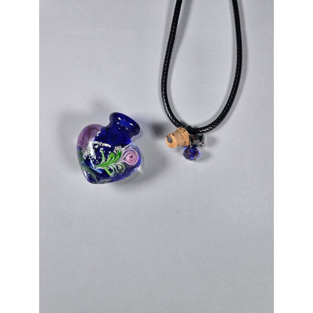 Vintage Glass Heart Vial Necklace Blue Hand Blown Art Glass Pendant