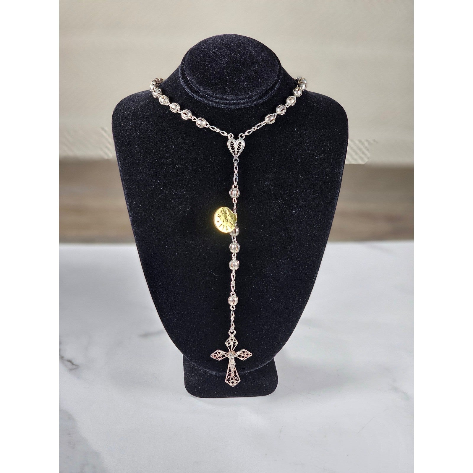 Vintage Silver Tone Rosary Necklace with Filigree Cross Pendant
