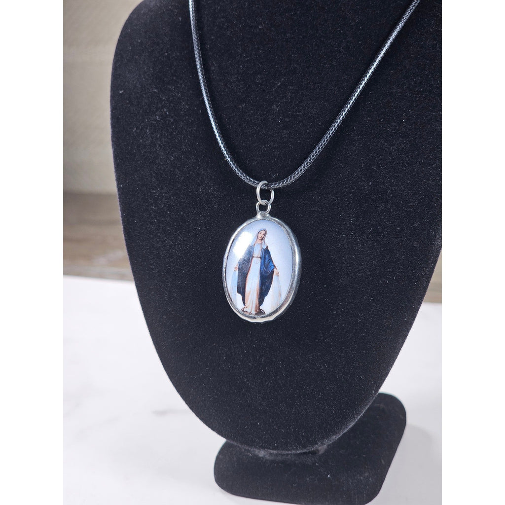 Vintage Madonna Pendant Necklace Oval Religious Medallion