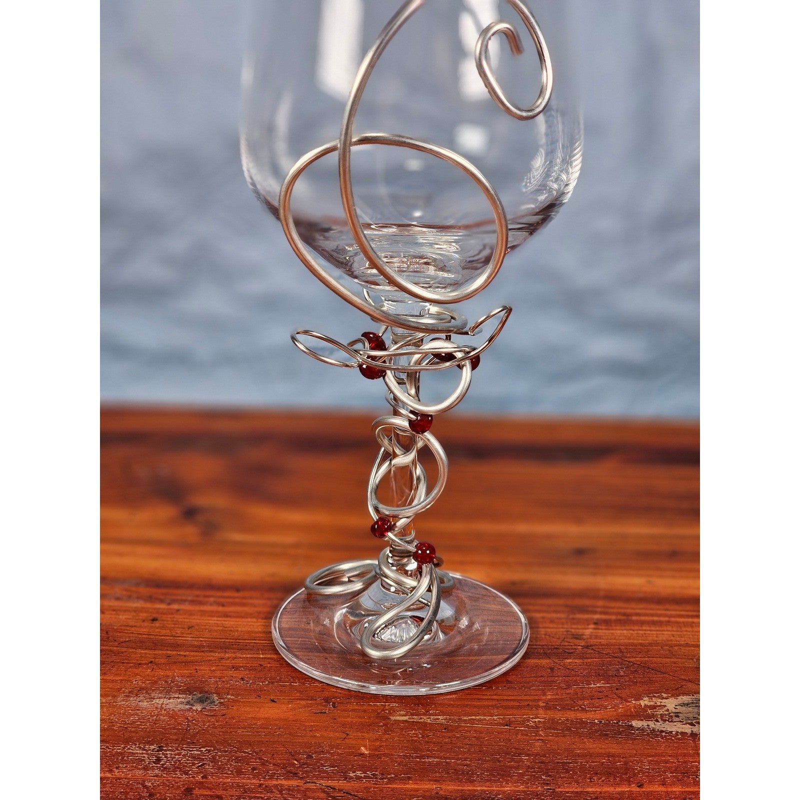 Handcrafted Crystal Wine Glass with Silver Wire & Red Beads Vintage Decor