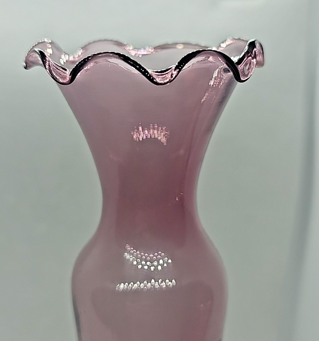 Amethyst Purple Etched Flower Bud Vase • Hand-Blown Glass • Ruffled Edge • 8″