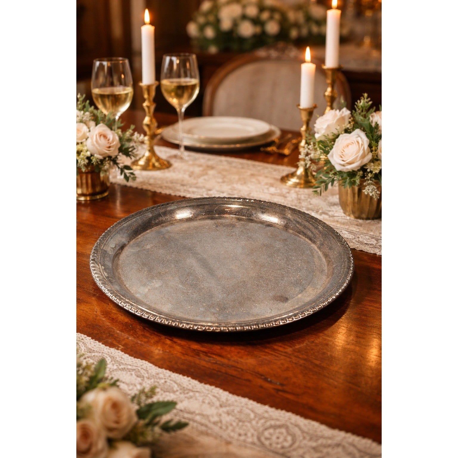 Vintage Silverplate Serving Tray 12 Inch Round Etched Floral Pattern