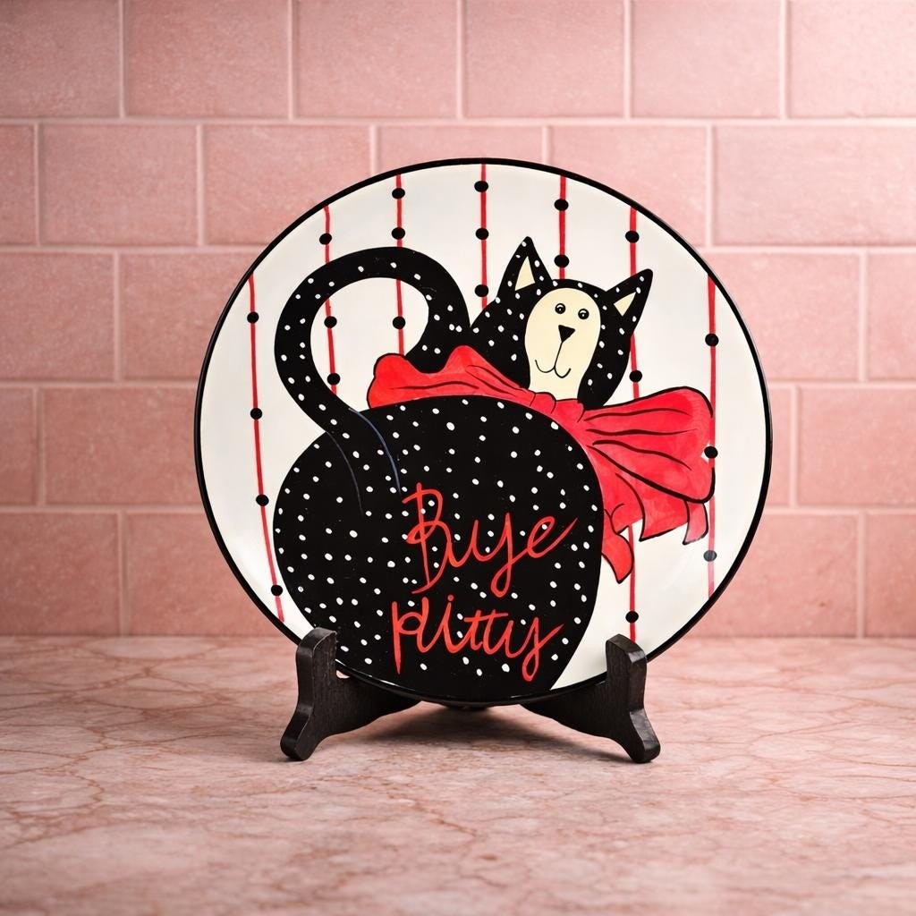 Vintage Boyd's Home Purrfectly Posh Black Cat Plate Polka Dot Decor