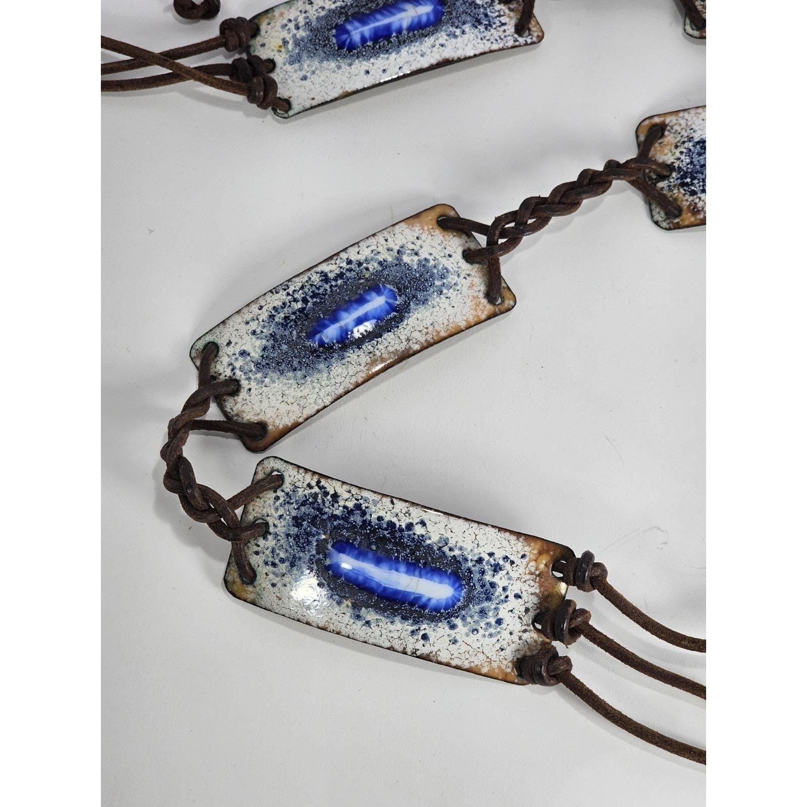 Vintage Leather Tie Belt Enamel Feather Boho Braided