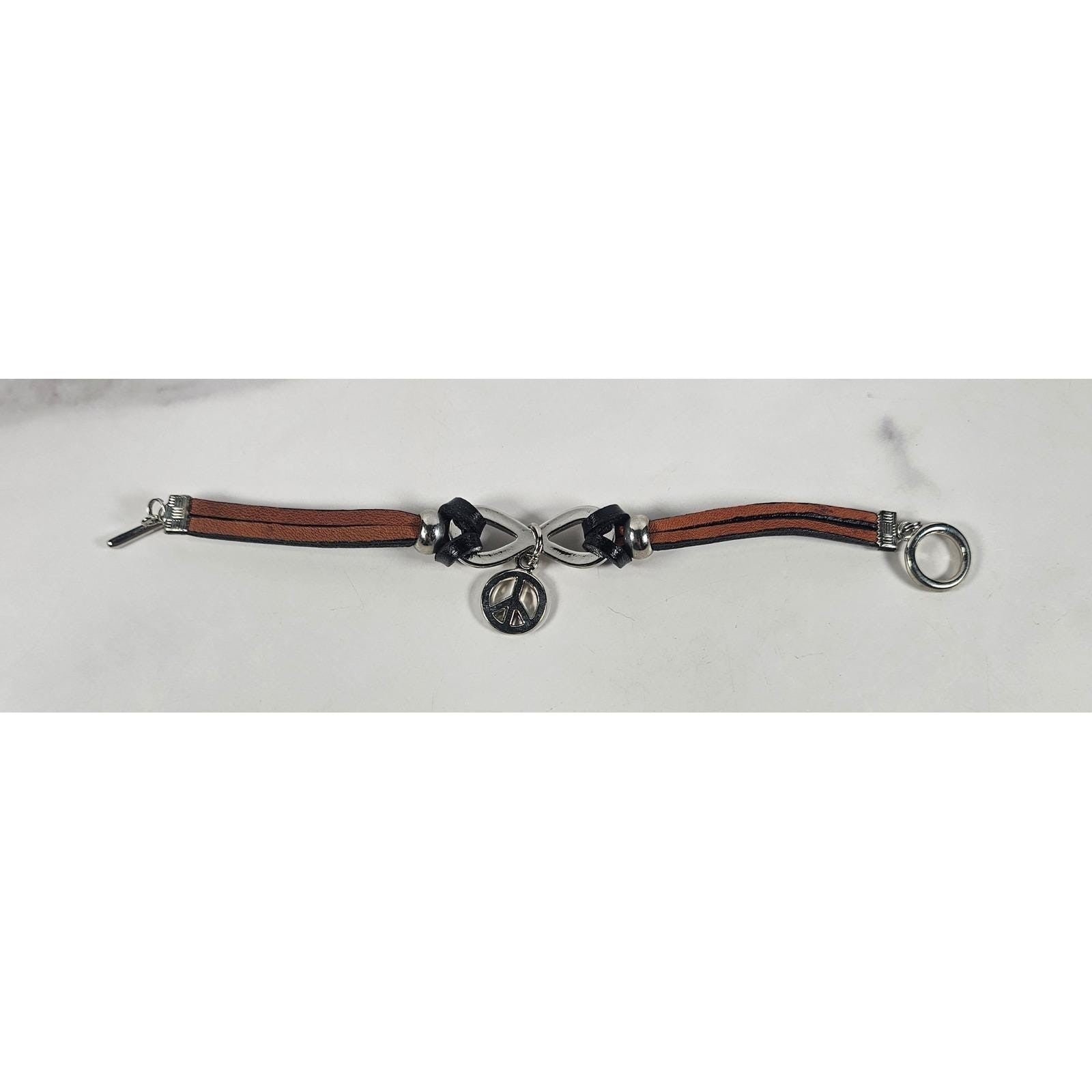 Vintage Petite Leather Peace Sign Bracelet Silver Tone Boho Jewelry
