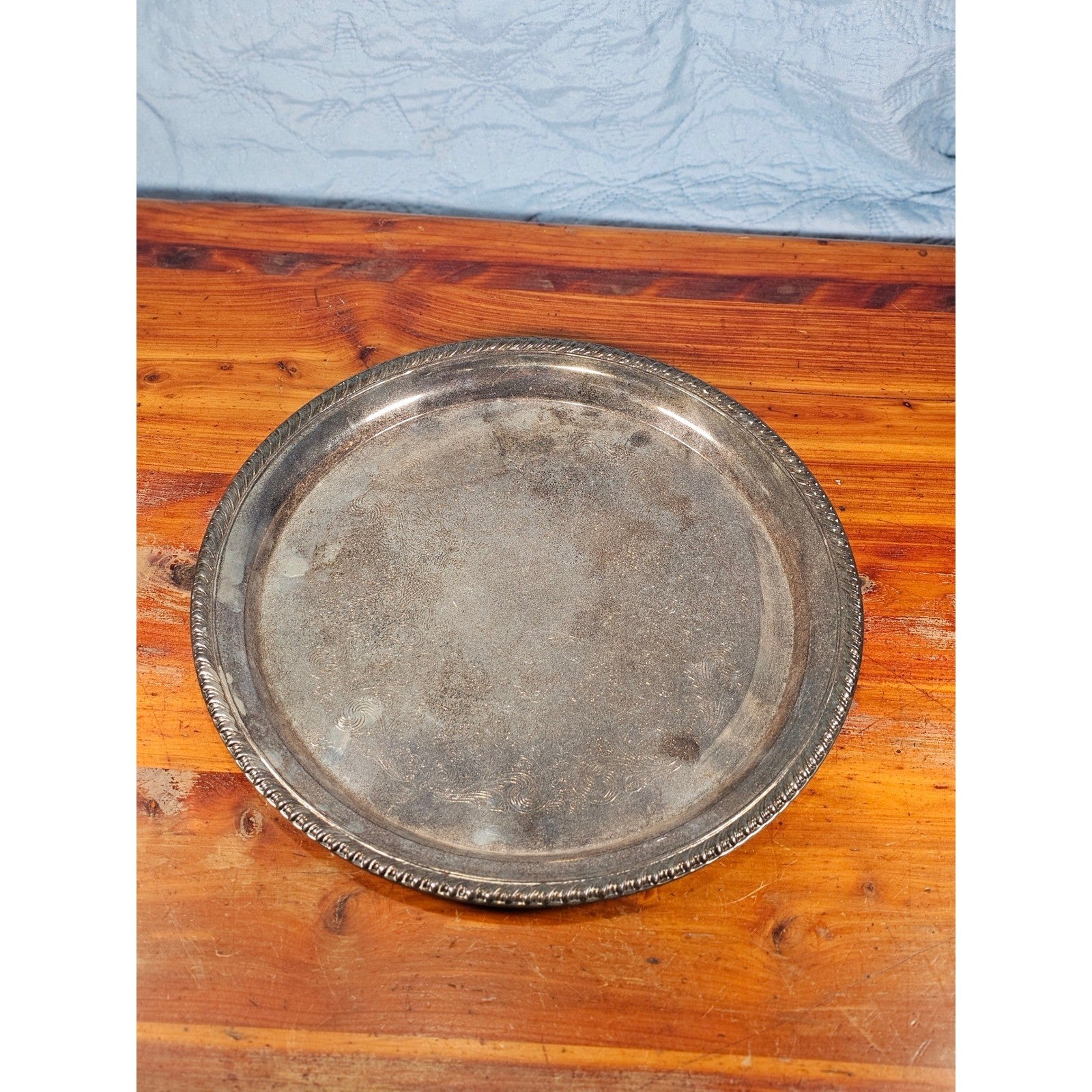 Vintage Silverplate Serving Tray 12 Inch Round Etched Floral Pattern