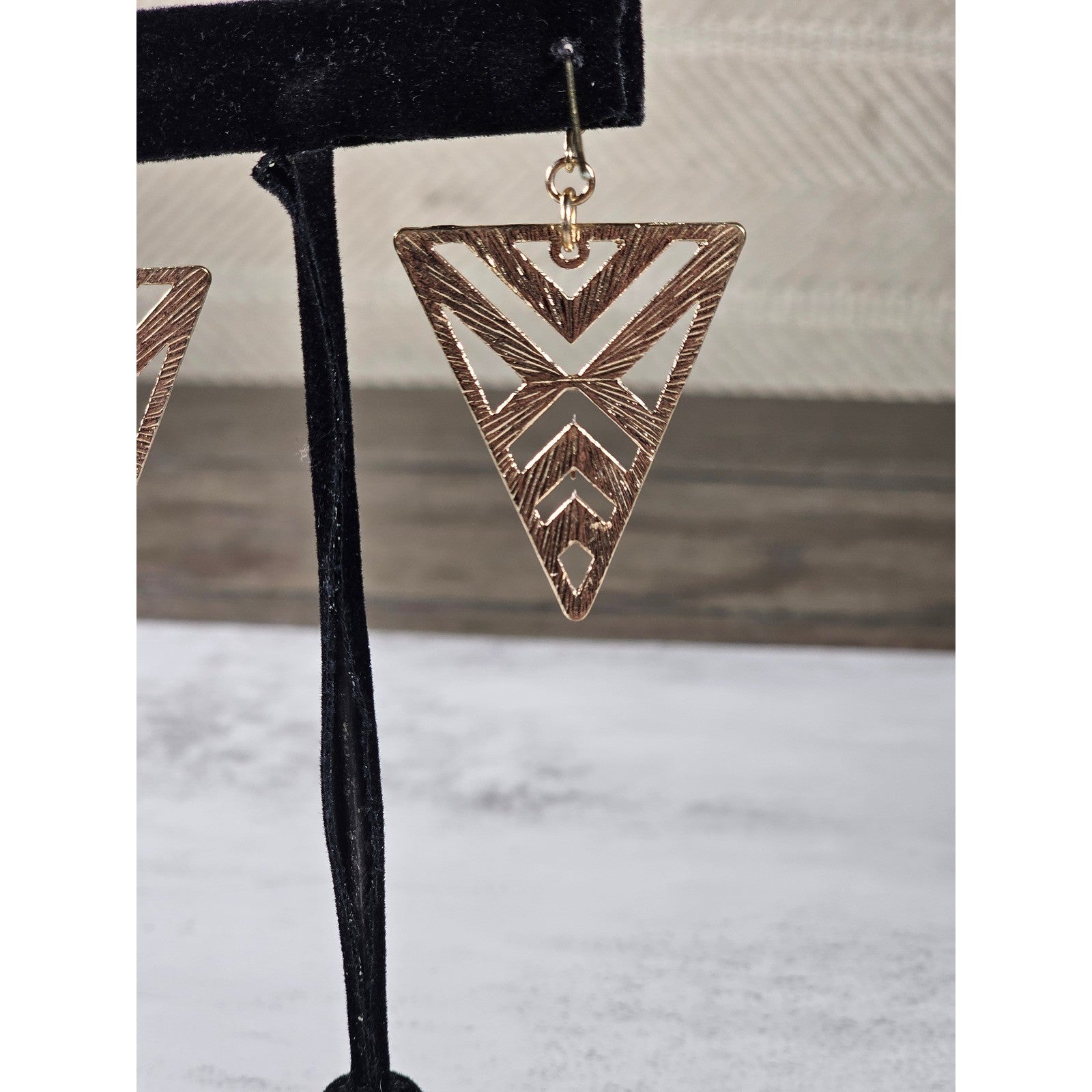 Gold Tone Red Rhinestone Triangle Dangle Earrings Geometric