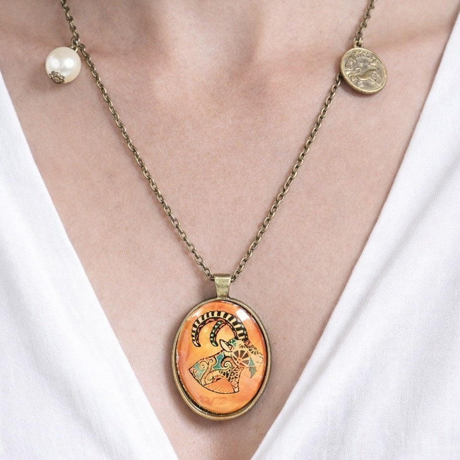 Vintage Oval Art Pendant Necklace Boho Goat Image Brass Tone