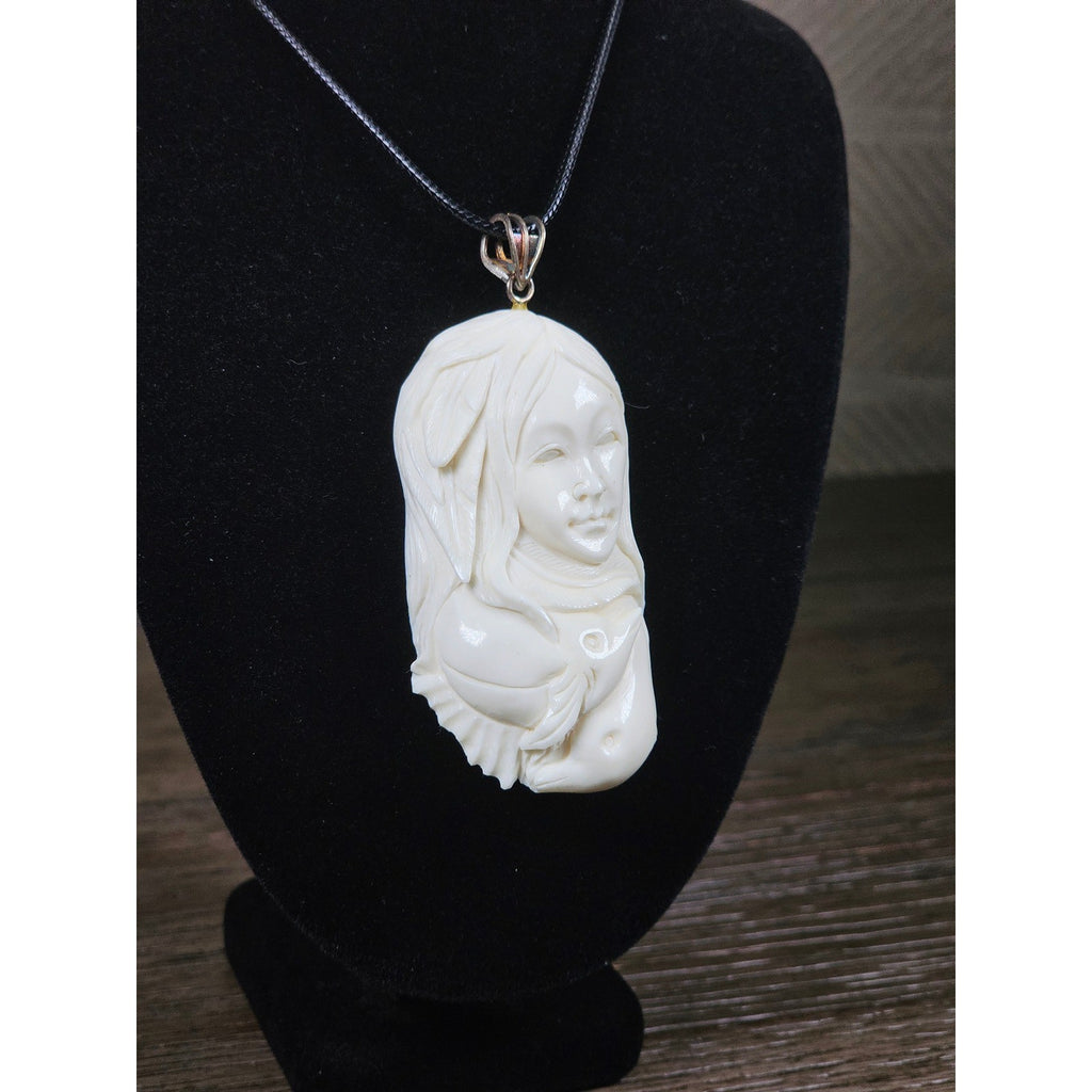 Vintage Buffalo Bone Carved Woman Pendant Necklace 2.5 x 1 Inch