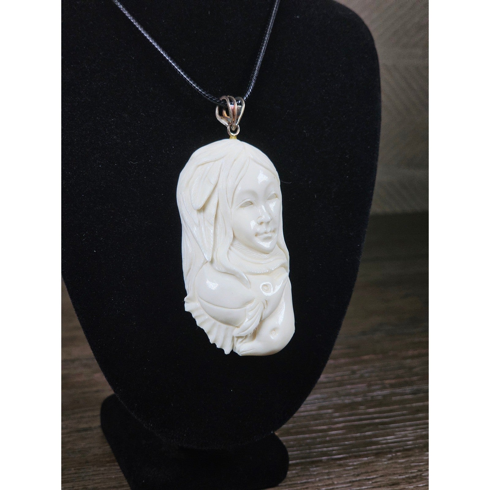 Vintage Buffalo Bone Carved Woman Pendant Necklace 2.5 x 1 Inch