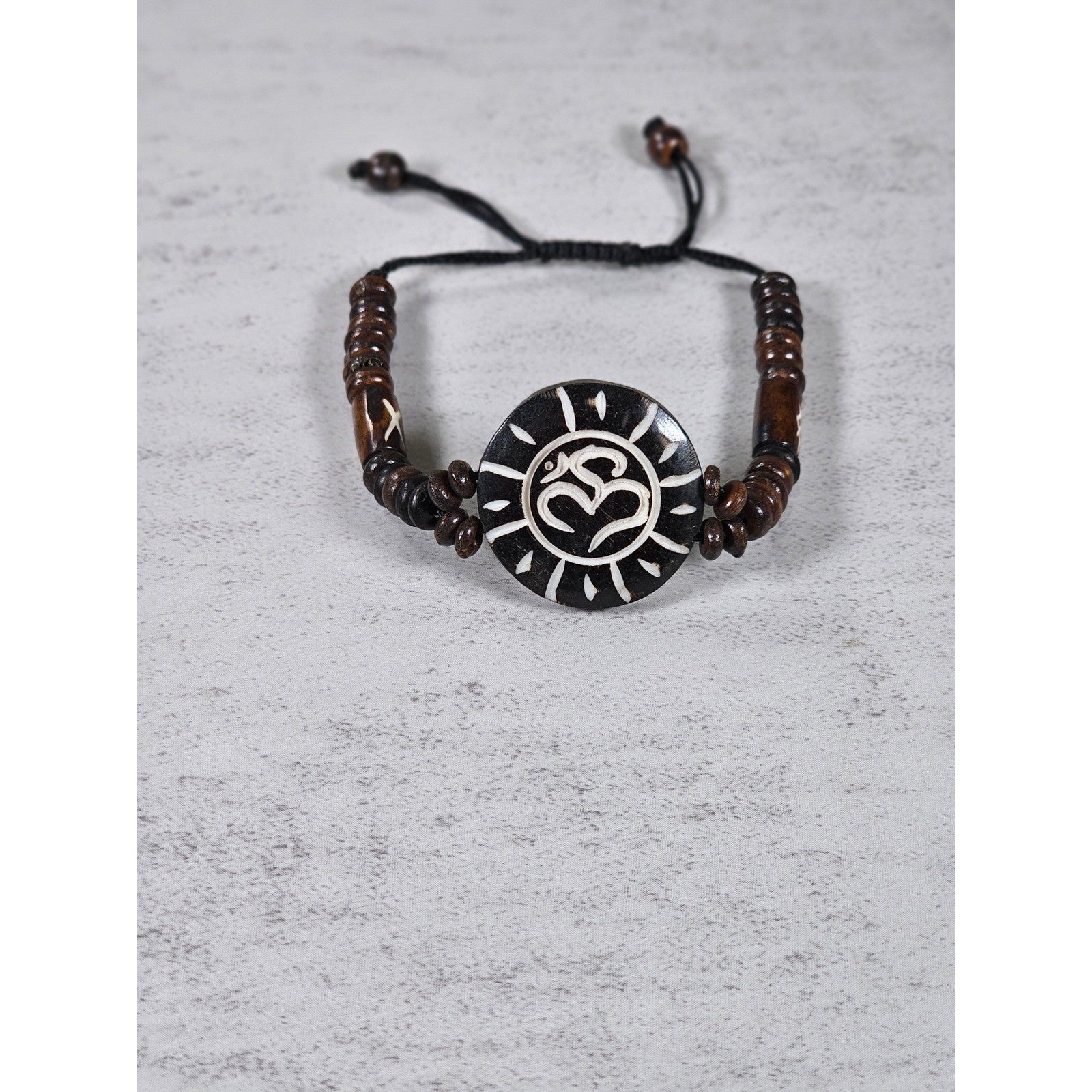 Vintage Wooden Om Sun Bracelet Adjustable Beaded Cord