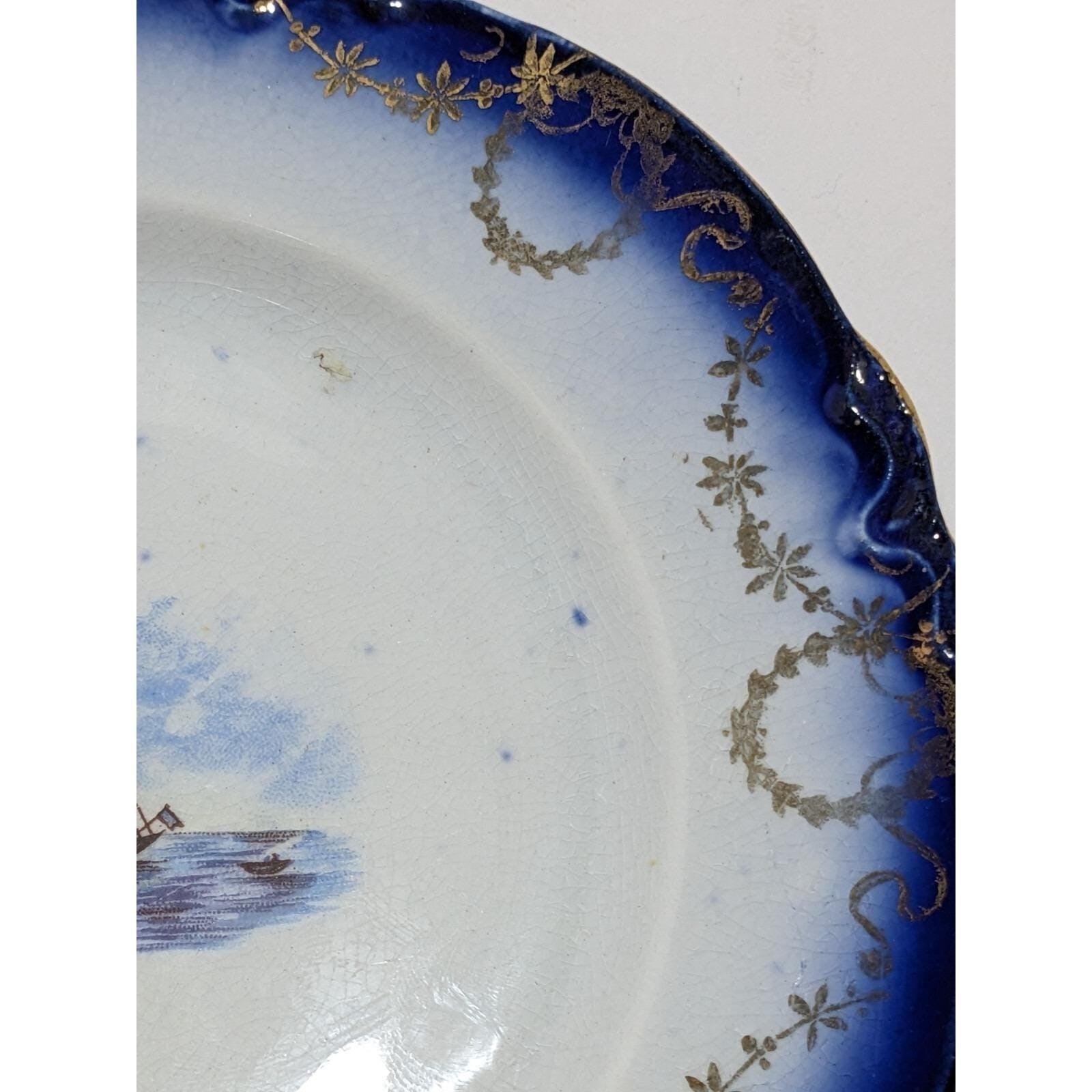 Vintage Windmill Boat Bread & Butter Plate Cobalt Blue Gold Trim