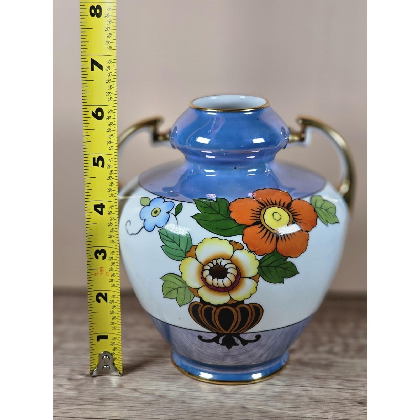 Vintage Asian Floral Ceramic Vase With Handles Blue White Pottery Decor