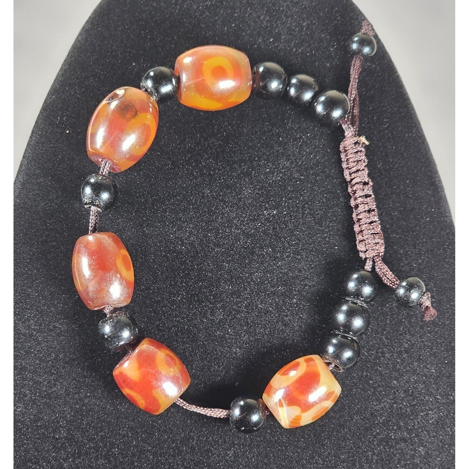 Red Orange Agate Style Beaded Bracelet Adjustable Cord Black Beads