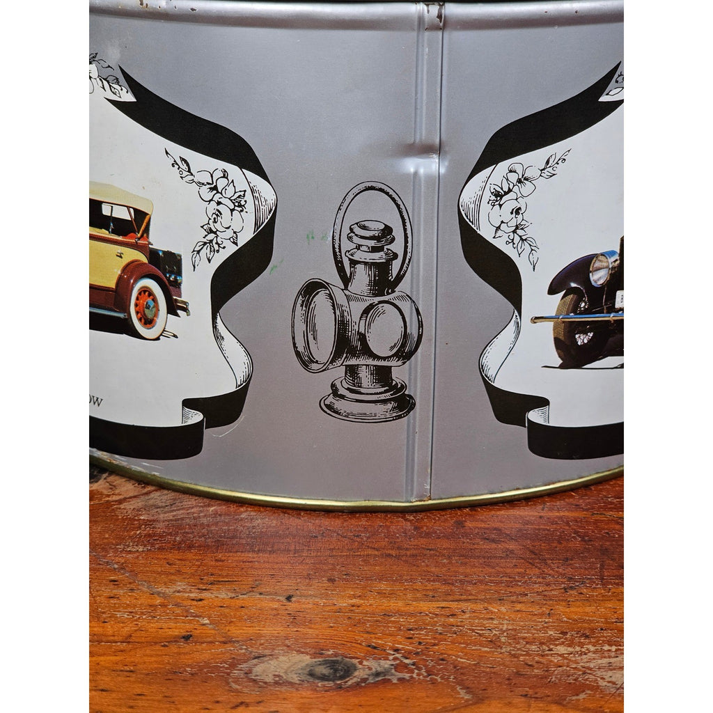 Vintage Classic Car Cookie Tin Empty Round Metal Motorcars from the Classic Era
