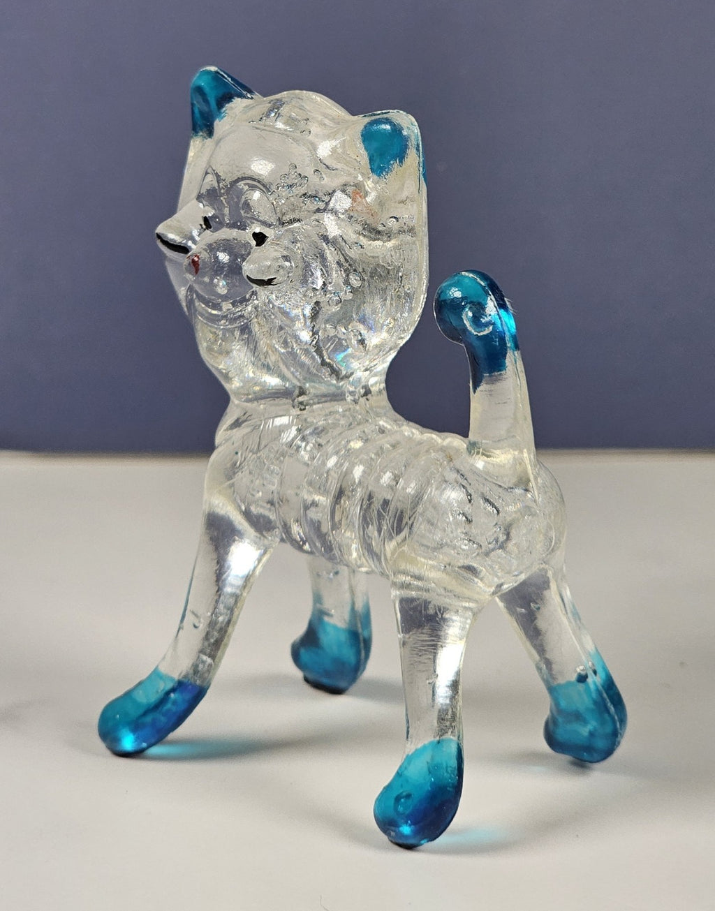 Vintage Collectible Clear Plastic Lucite Kitty Cat Figurine 1960s With Blue Acce