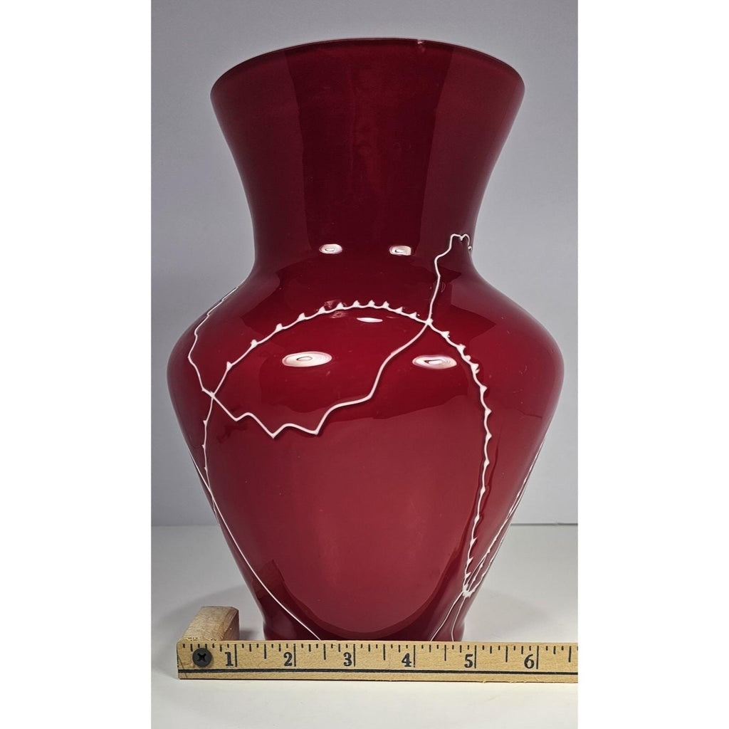 Red Glass Vase White Squiggle Lines Decorative Vase